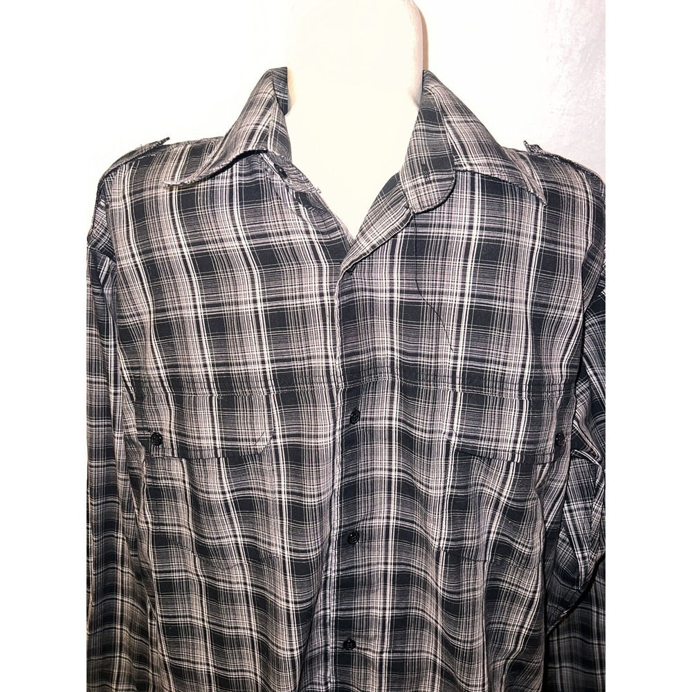 Reputation 92 Mens Plaid Button Down Shirt Black White XL Long Sleeve Epaulets - Picture 2 of 5